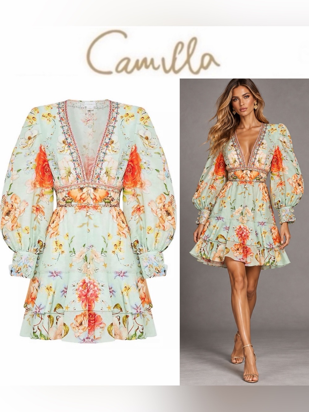 CAMILLA Bazaar Blooms Floral Embellished Mini Dress – Mint Green Sz M $1050